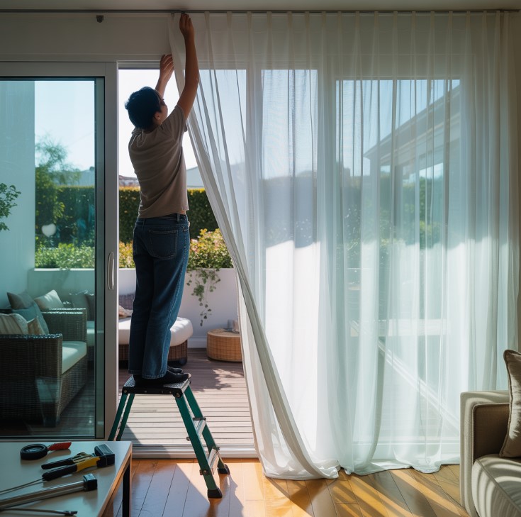 Žena postavlja belu zavesu na balkonska vrata