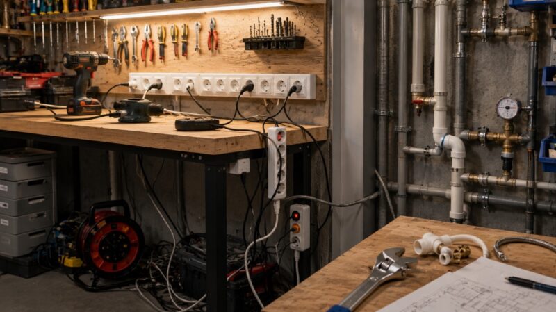 Radni sto u kućnoj radionici sa više utičnica, električnim alatima i vidljivim instalacijama